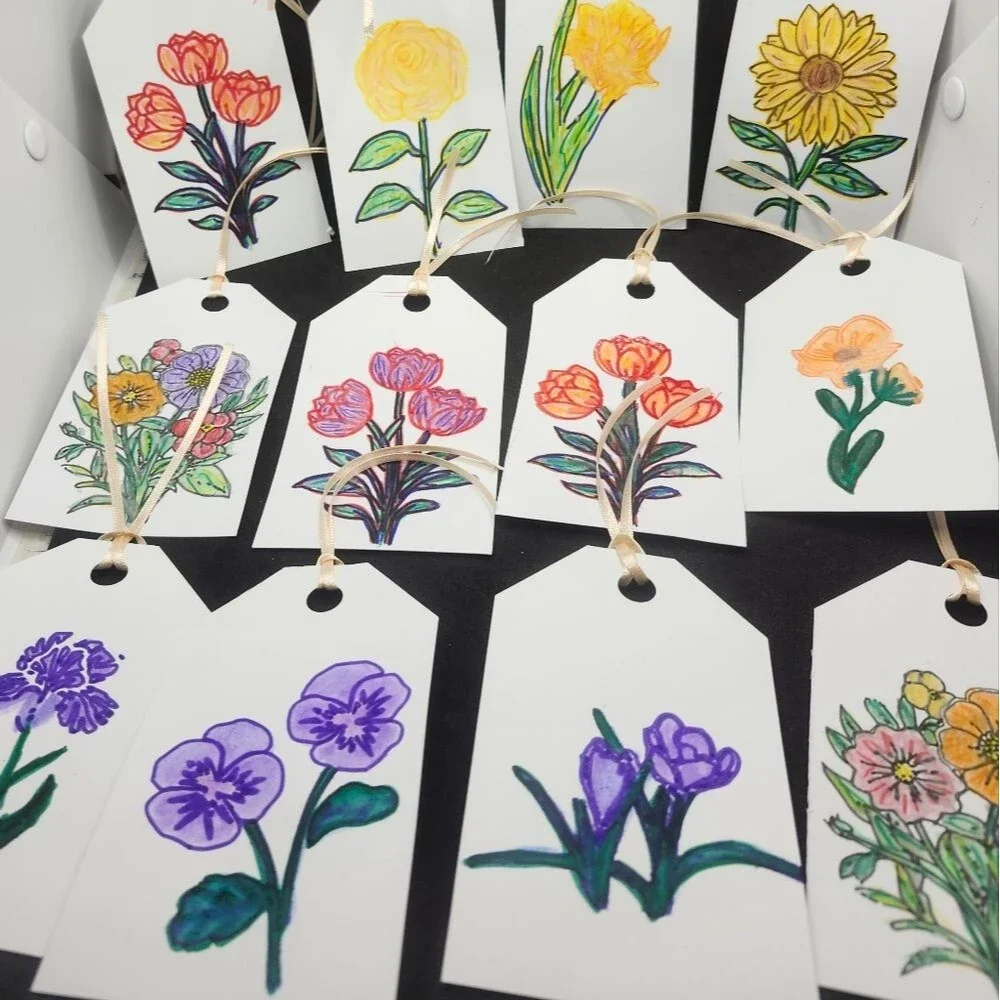 Hand Crafted Floral Colorful Gift Tags Thank You Cards Set of 12